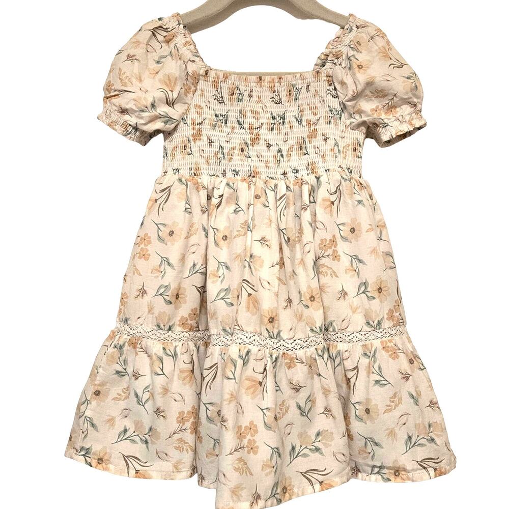 Sz 2T SHABBY CHIC Cream Yellow Wildflower Floral  Smocked Tiered Lace Dress